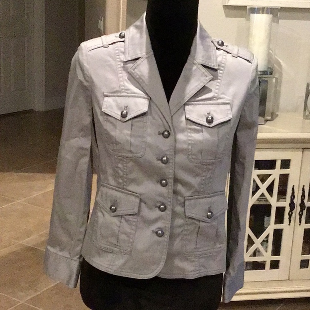 NWT White House Black Market cropped military jacket, color is mercury, 4